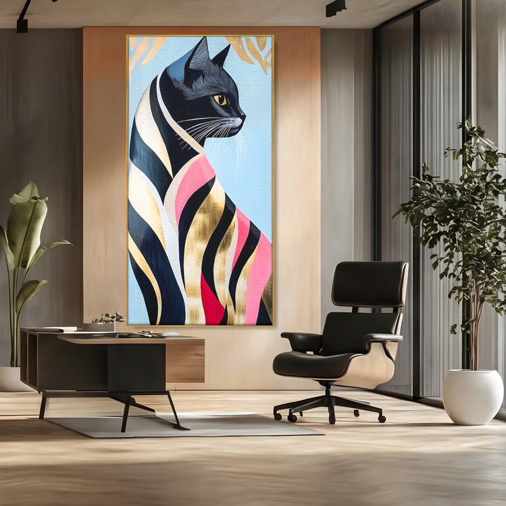 Tablou canvas cu tablou canvas cu pisica neagra stilizata, in rama de aluminiu auriu, pe perete intr-un birou